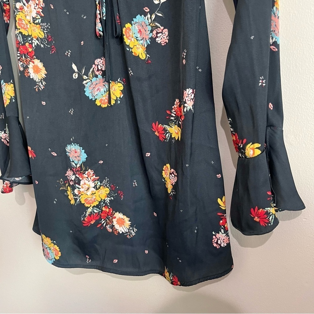 Free People Midnight Navy Silky Mini Dress Floral Long Sleeve Size S - Picture 4 of 11